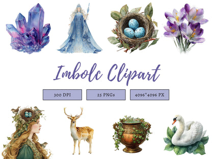 Aquarell-Clipart-Bundle zum Imbolc-Fest, Figuren des Jahreskreises, hochwertige Imbolc-PNGs, heidnische, keltische, neuheidnische Elemente (Wicca, Hexerei, Neopaganismus)