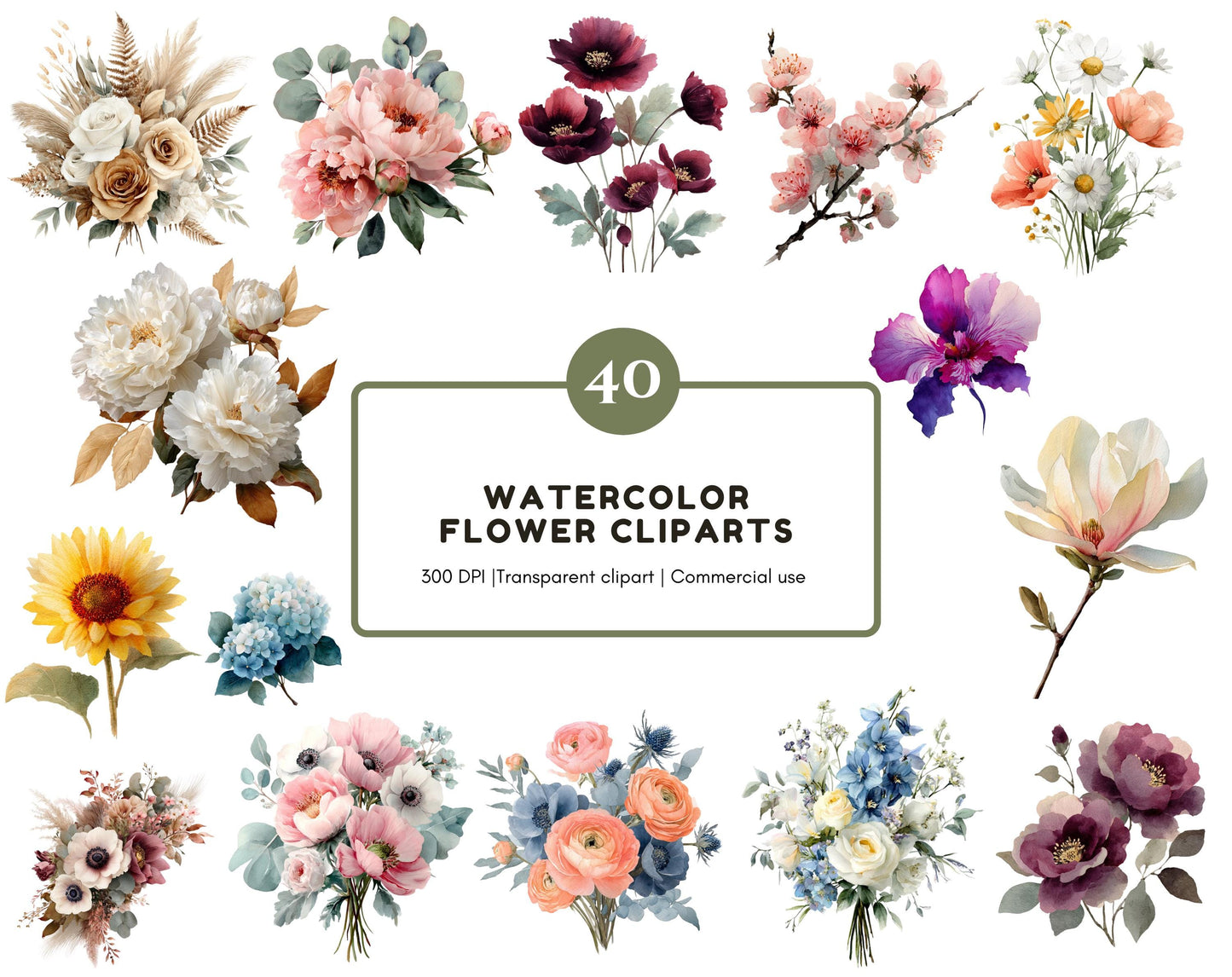 Watercolor Flower Design Clipart Bundle, Floral Pattern Set, Flower png, Flower Digital Download, Floral Boquete Clipart, Commercial Use