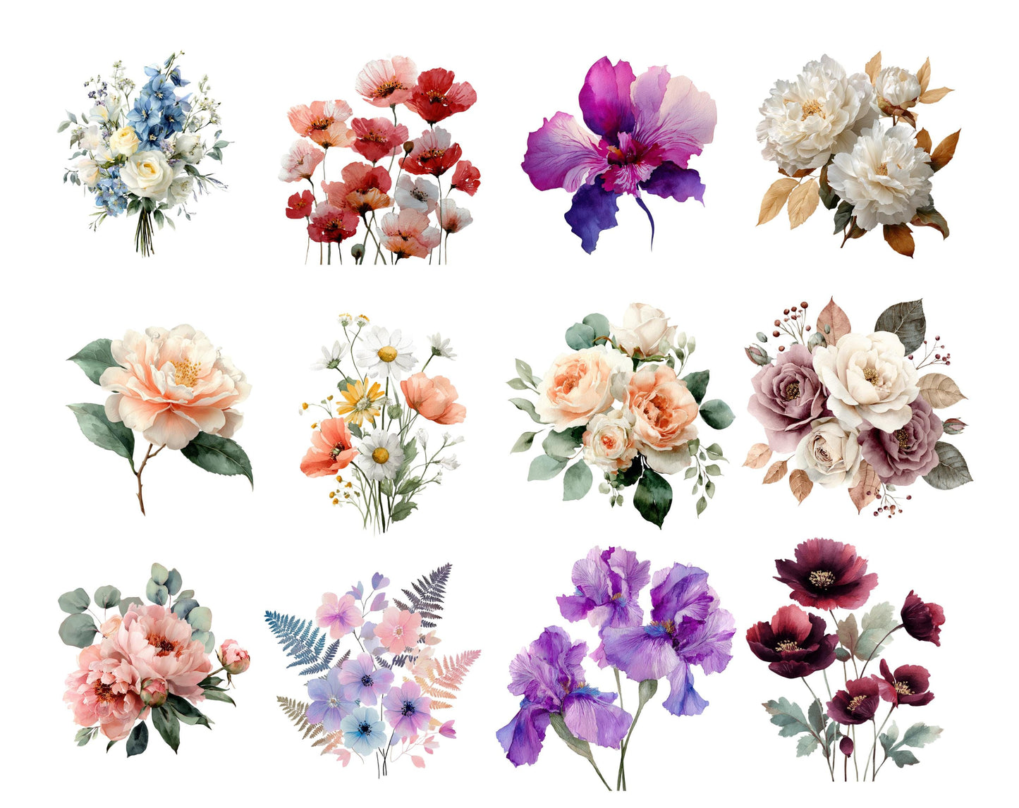 Watercolor Flower Design Clipart Bundle, Floral Pattern Set, Flower png, Flower Digital Download, Floral Boquete Clipart, Commercial Use