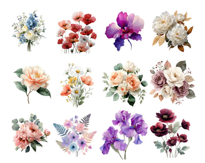 Watercolor Flower Design Clipart Bundle, Floral Pattern Set, Flower png, Flower Digital Download, Floral Boquete Clipart, Commercial Use