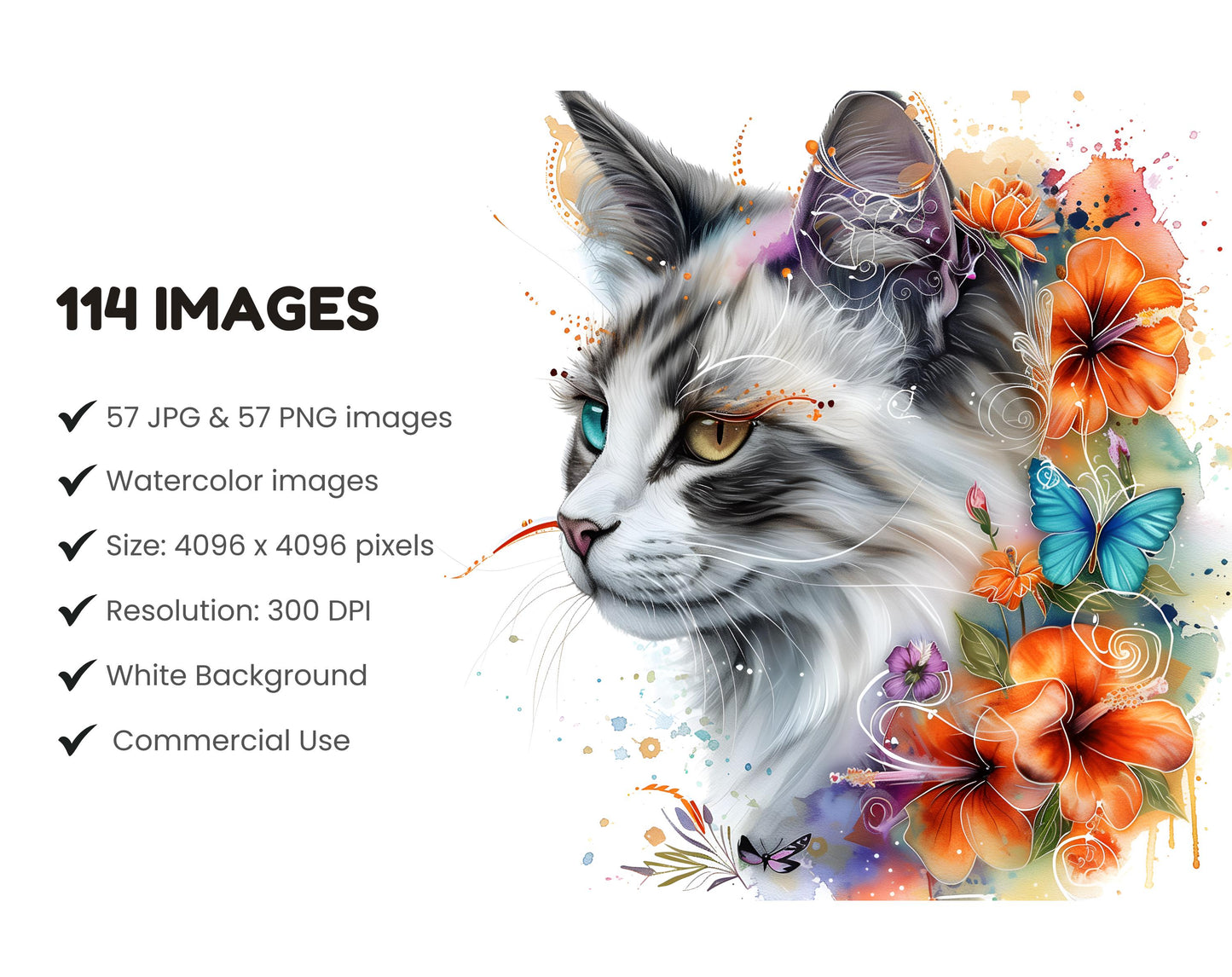 Watercolor Floral Cat Clipart Bundle, 57 Abstract Flower Cat png, Whimsical Printable Designs, High Quality PNGs & JPGs, Instant Download