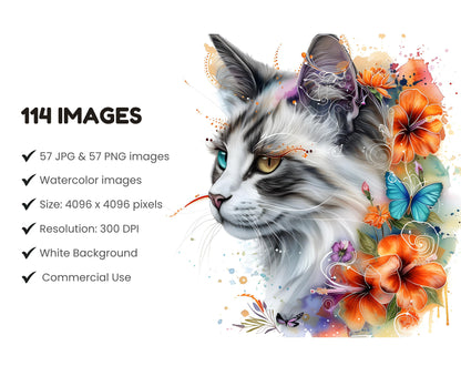Watercolor Floral Cat Clipart Bundle, 57 Abstract Flower Cat png, Whimsical Printable Designs, High Quality PNGs & JPGs, Instant Download
