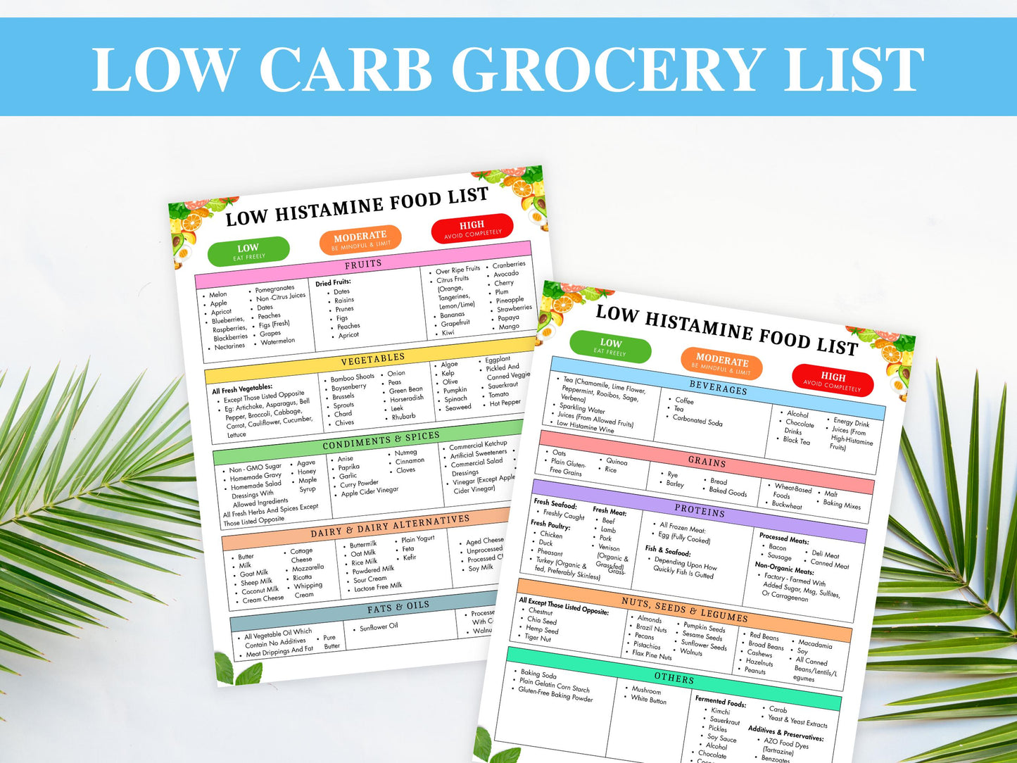 Low Histamine Food List, Printable Low Histamine Food Diet, Low Histamine Grocery List, Low Carb Food Guide, Instant Download