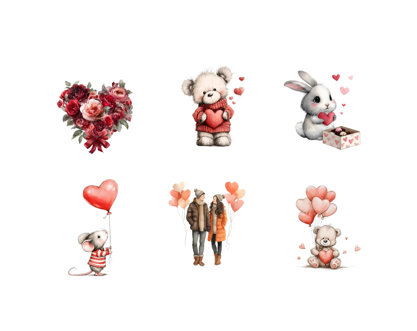 Valentine Clipart png Bundle, Watercolor Valentine Clipart, Cute Valentine png, Romantic Valentine Clipart, Valentine Elements Clipart