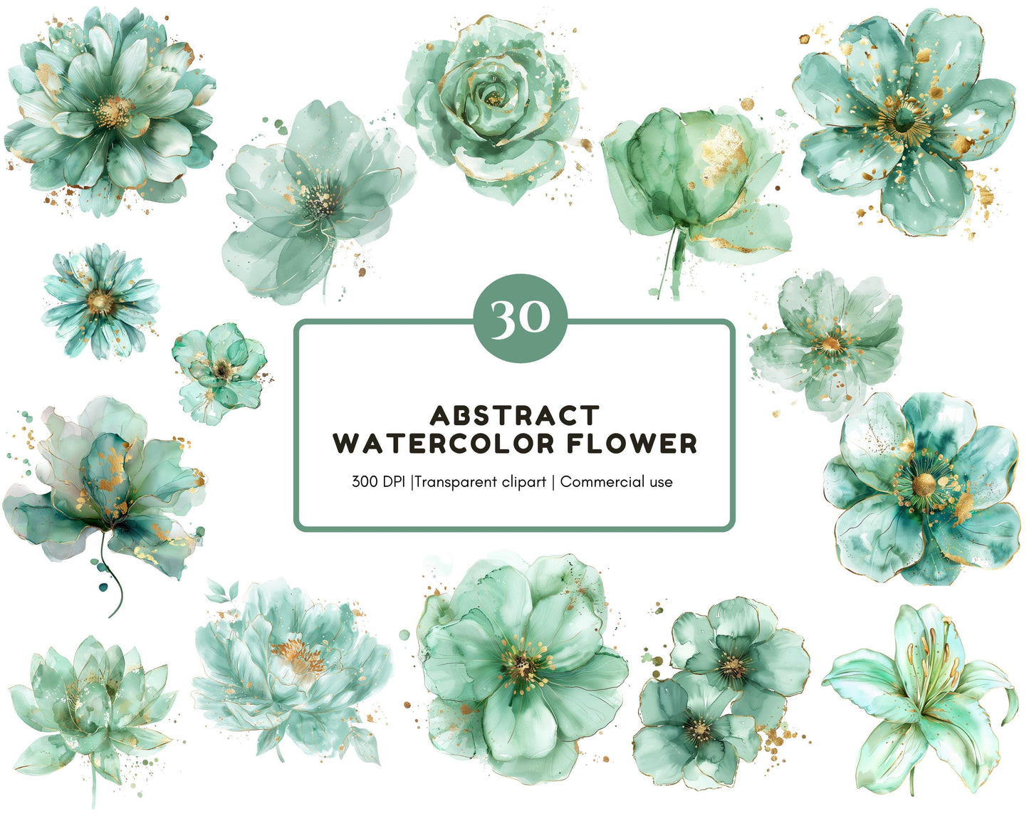 30 Abstract Flower Clipart png Bundle, Green Flower Clipart, Watercolor Floral Clipart, Floral Bouquet png, Commercial Use, Digital Download