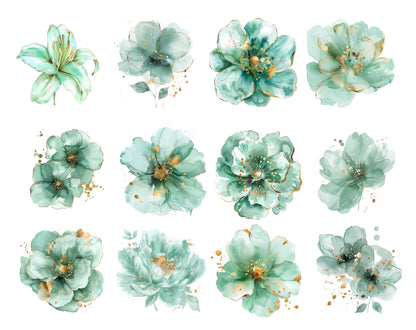 30 Abstract Flower Clipart png Bundle, Green Flower Clipart, Watercolor Floral Clipart, Floral Bouquet png, Commercial Use, Digital Download