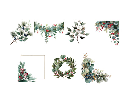 Botanical Clipart Bundle, Watercolor Greenery Wreaths Floral Borders, Flower Frames PNG, Christmas Frame, Commercial Use, Instant Download