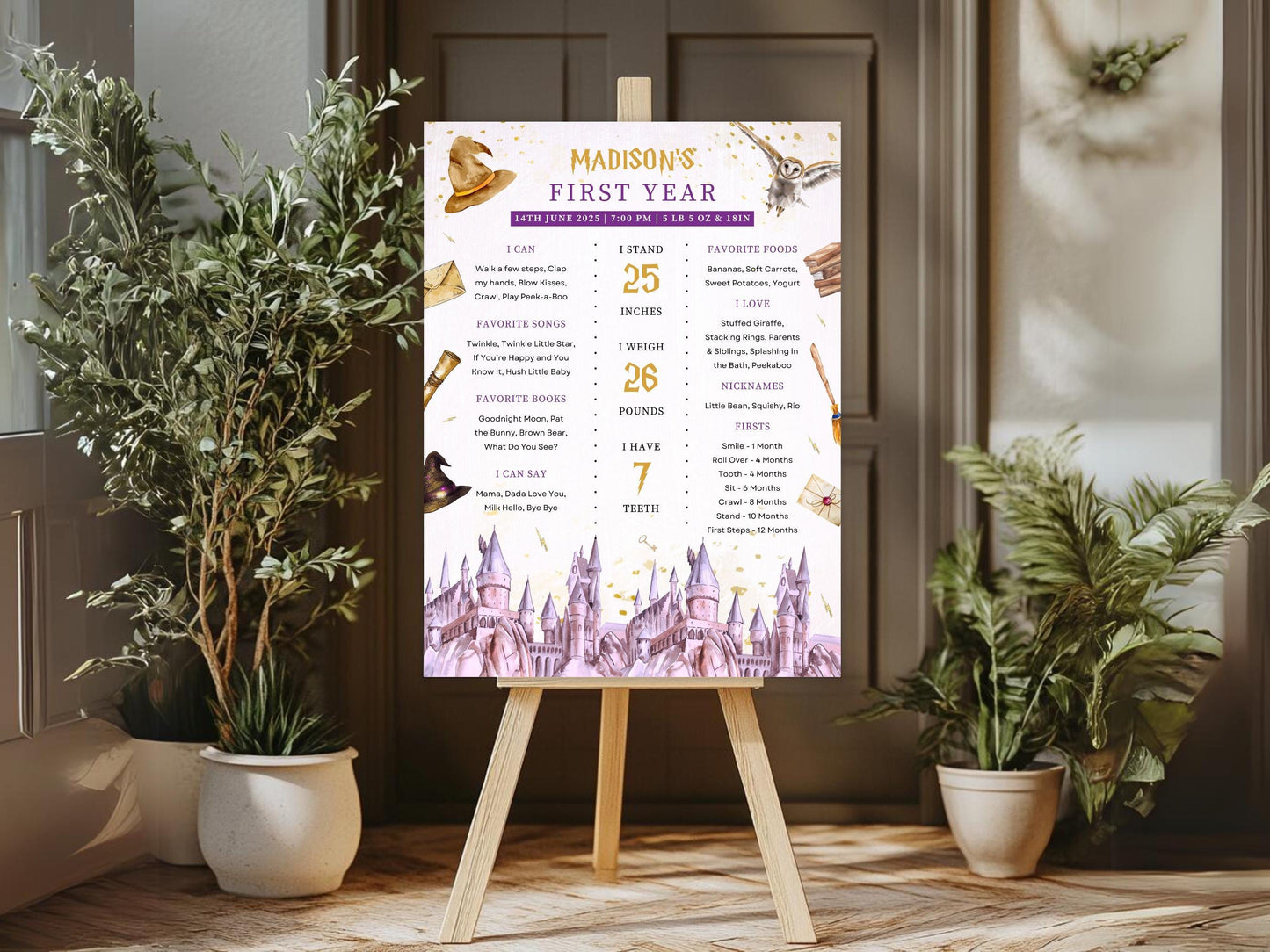 Meilensteintafel zum Zauberergeburtstag, bearbeitbare Meilensteintafel zum ersten Geburtstag, magisches Poster zum 1. Geburtstag, Meilensteintafel zum Geburtstag des Auserwählten