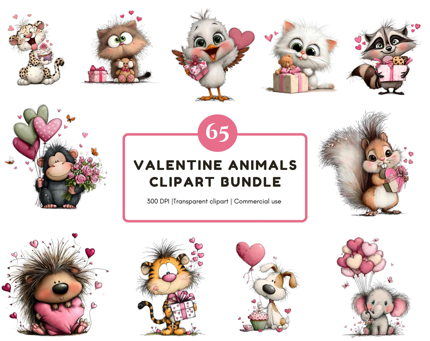 Valentine Animals Clipart Bundle, Watercolor Valentine's Day Animals png, Valentine Gift, Commercial Use, Digital Download