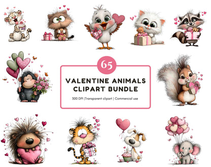 Valentine Animals Clipart Bundle, Watercolor Valentine's Day Animals png, Valentine Gift, Commercial Use, Digital Download