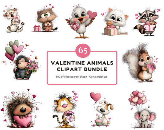 Valentine Animals Clipart Bundle, Watercolor Valentine's Day Animals png, Valentine Gift, Commercial Use, Digital Download