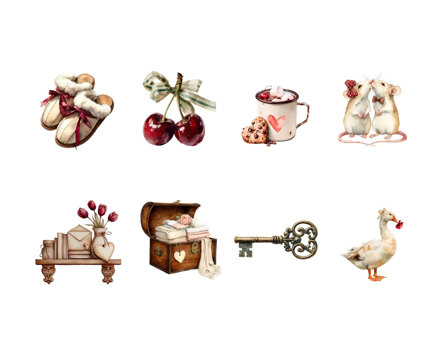 Watercolor Cherry In Love Valentine's Day Clipart Bundle, Cute Valentine Clipart, Valentine Animals png, Romantic Love Clipart, Bow, Gifts