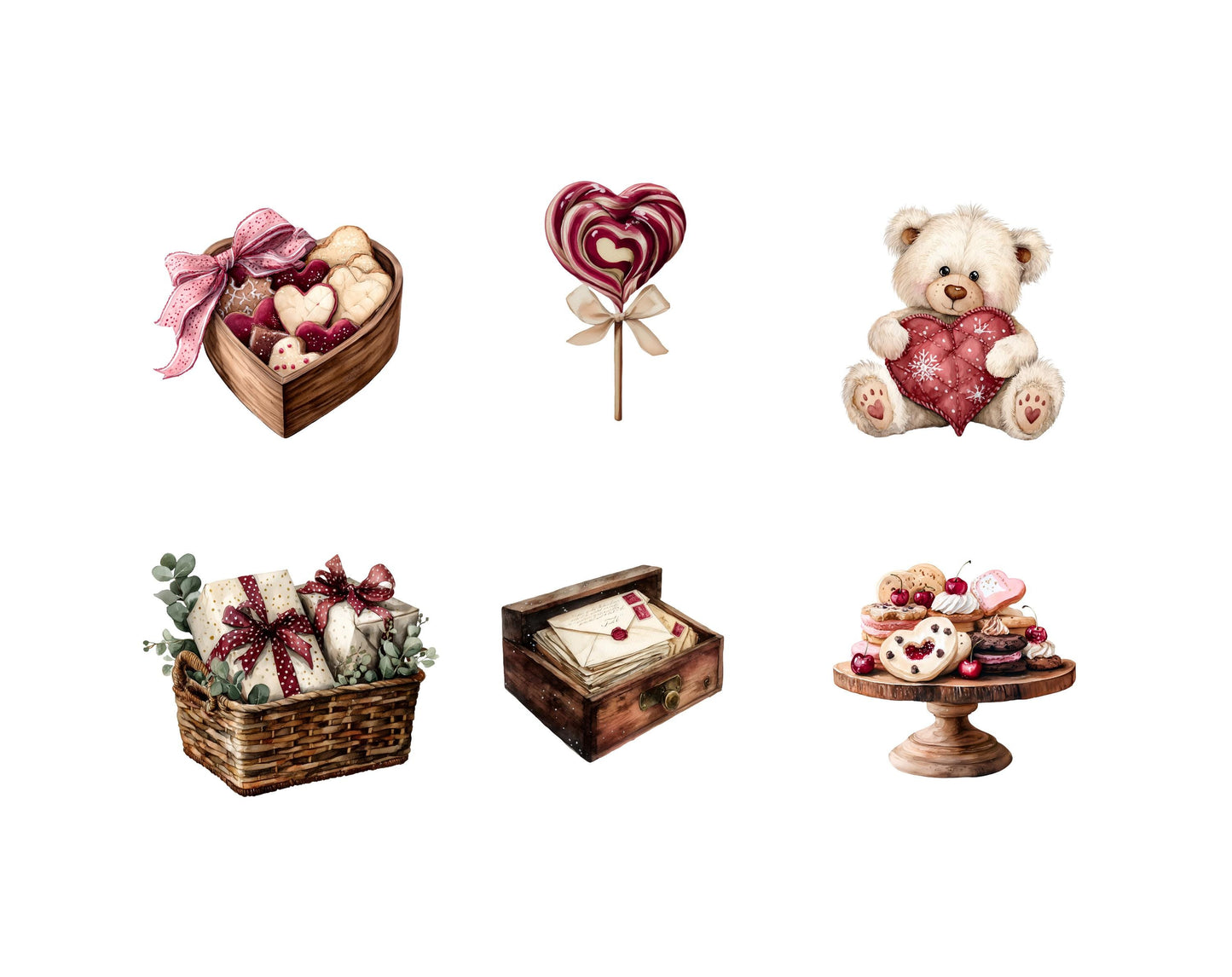 Watercolor Cherry In Love Valentine's Day Clipart Bundle, Cute Valentine Clipart, Valentine Animals png, Romantic Love Clipart, Bow, Gifts