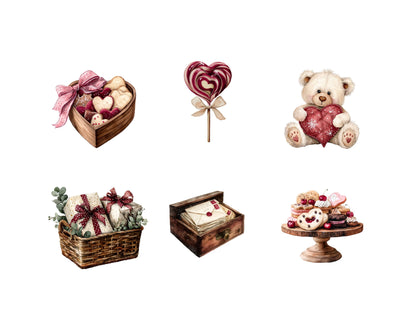 Watercolor Cherry In Love Valentine's Day Clipart Bundle, Cute Valentine Clipart, Valentine Animals png, Romantic Love Clipart, Bow, Gifts