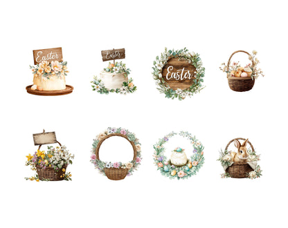 Lot de 82 images clipart rustiques de Pâques : lapin de Pâques aquarelle (PNG), panier de Pâques, style bohème, village de Pâques (PNG).