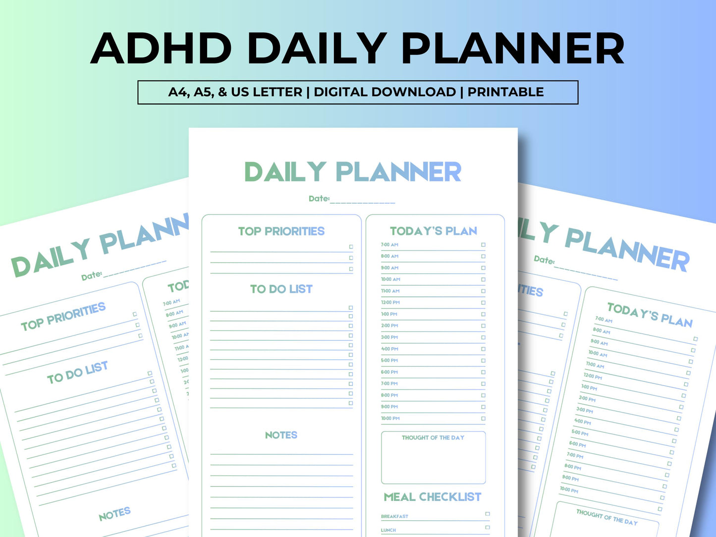 Daily Planner Printable Template, Daily Schedule Printable, To-Do-List, Today's Plan, Meal Checklist, Daily Top Priorities, Instant Download