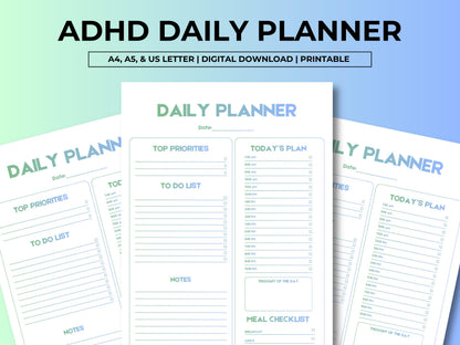 Daily Planner Printable Template, Daily Schedule Printable, To-Do-List, Today's Plan, Meal Checklist, Daily Top Priorities, Instant Download