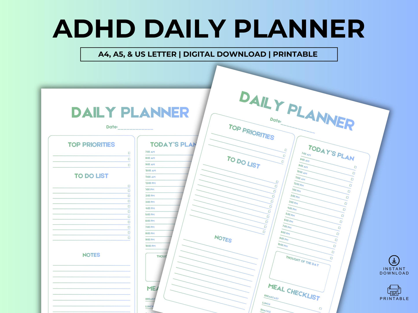 Daily Planner Printable Template, Daily Schedule Printable, To-Do-List, Today's Plan, Meal Checklist, Daily Top Priorities, Instant Download