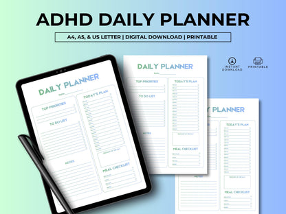 Daily Planner Printable Template, Daily Schedule Printable, To-Do-List, Today's Plan, Meal Checklist, Daily Top Priorities, Instant Download