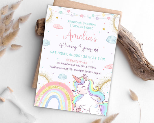 Unicorn Birthday Invitation, Editable Magical Pastel Rainbow Unicorn Birthday Party, Whimsical Fairytale Unicorn Princess Birthday Invite
