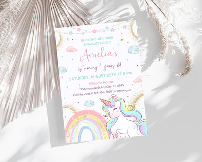 Unicorn Birthday Invitation, Editable Magical Pastel Rainbow Unicorn Birthday Party, Whimsical Fairytale Unicorn Princess Birthday Invite