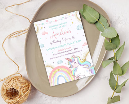 Unicorn Birthday Invitation, Editable Magical Pastel Rainbow Unicorn Birthday Party, Whimsical Fairytale Unicorn Princess Birthday Invite