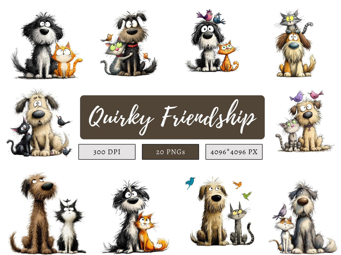 Ensemble d'images clipart originales sur l'amitié, PNG fantaisistes sur le thème de l'amitié, images clipart d'animaux amis à l'aquarelle, images clipart pour enfants, création de cartes, téléchargement instantané