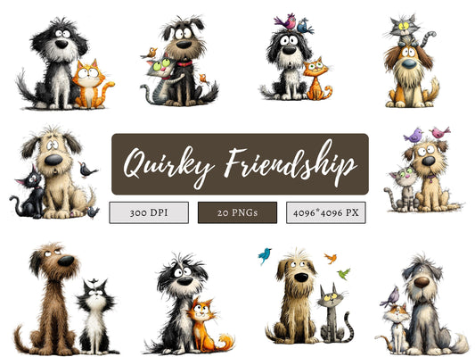 Quirky Friendship Clipart Bundle, Whimsical Friendship PNG, Watercolor Animal Friends Clipart, Kids Clipart, Card Making, Instant Download