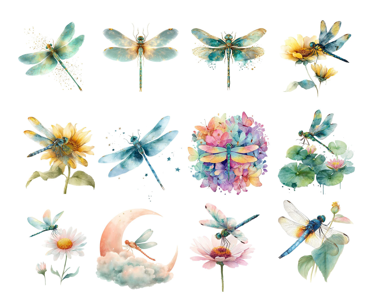 Whimsical Dragonfly Clipart Bundle, Watercolor Dragonflies Clipart, Dragonfly Pattern For Scrapbooking, Sublimation Design, Floral Dragonfly