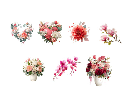 Watercolor Flower Bouquet Clipart Bundle, Valentine Flower Bouquet png, Floral Valentine's Day Clipart, Paper Craft, Love Roses Clipart