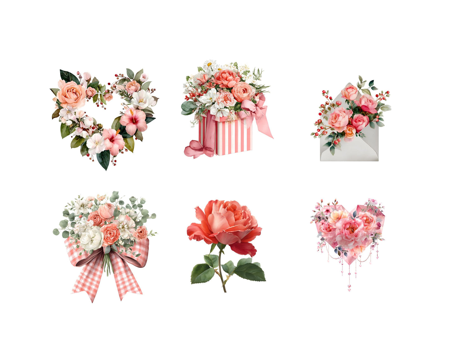 Watercolor Flower Bouquet Clipart Bundle, Valentine Flower Bouquet png, Floral Valentine's Day Clipart, Paper Craft, Love Roses Clipart
