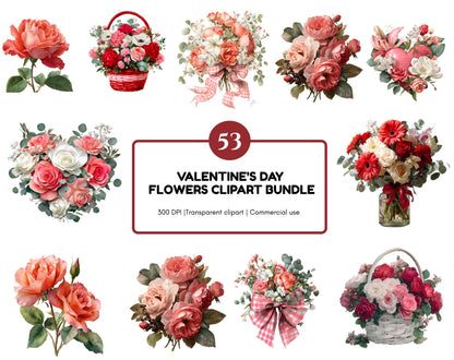 Watercolor Flower Bouquet Clipart Bundle, Valentine Flower Bouquet png, Floral Valentine's Day Clipart, Paper Craft, Love Roses Clipart