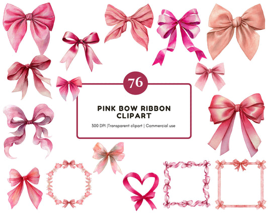 Pink Bow Clipart Bundle, Watercolor Coquette Bow png, Bow Frame Clipart, Pink Ribbon Clipart Set, Soft Pink Coquette Bow, Digital Download