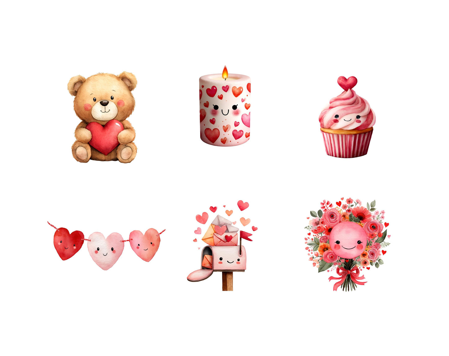 Cute Valentine Clipart Bundle, Kawaii Valentine png, Valentine's Day Clipart, Kids Clipart, Kawaii png, Watercolor Valentine png