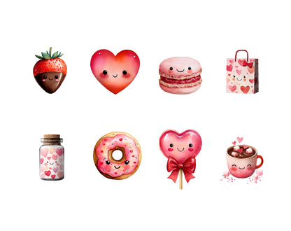 Cute Valentine Clipart Bundle, Kawaii Valentine png, Valentine's Day Clipart, Kids Clipart, Kawaii png, Watercolor Valentine png