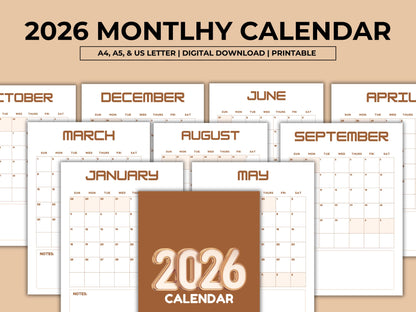 2026 Calendar Printable, Elegant Monthly Calendar 2026, Sunday Start Portrait Wall Calendar, Minimalist Monthly Planner, Instant Download