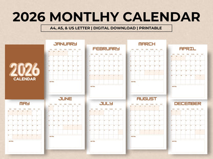 2026 Calendar Printable, Elegant Monthly Calendar 2026, Sunday Start Portrait Wall Calendar, Minimalist Monthly Planner, Instant Download