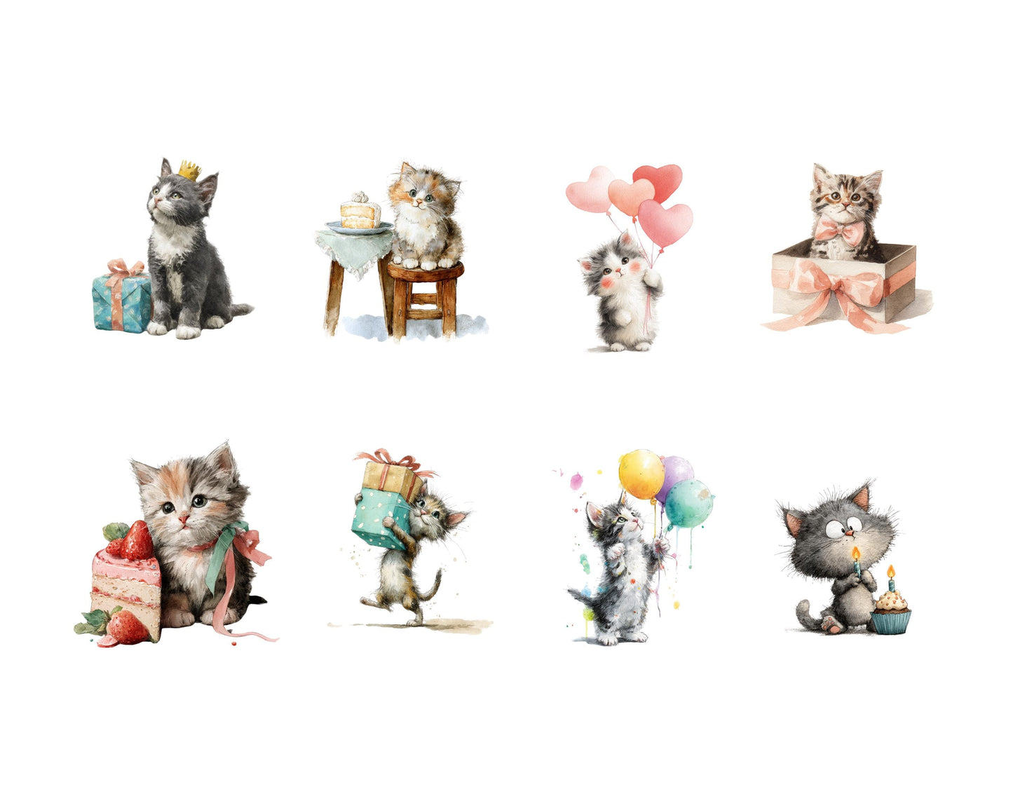 27 Birthday Cat Clipart Set, Watercolor cute Kitten Birthday, Balloons And Cakes, Cute Cat Birthday Celebration Clipart, High Quality png