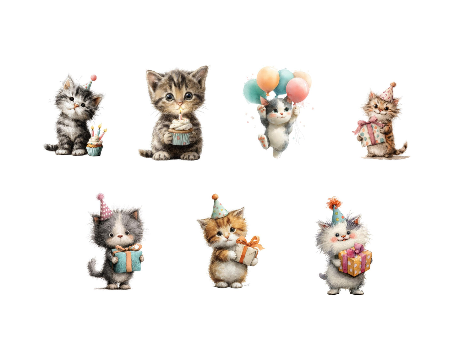 27 Birthday Cat Clipart Set, Watercolor cute Kitten Birthday, Balloons And Cakes, Cute Cat Birthday Celebration Clipart, High Quality png