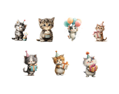 27 Birthday Cat Clipart Set, Watercolor cute Kitten Birthday, Balloons And Cakes, Cute Cat Birthday Celebration Clipart, High Quality png