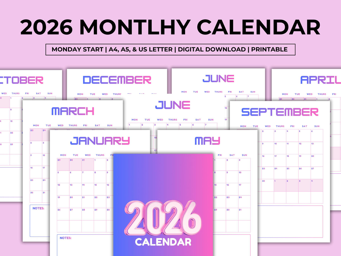 2026 Calendar Planner Printable, Elegant Monthly Calendar 2026, Monday Start Portrait Wall Calendar, Minimalist Monthly Calendar Planner