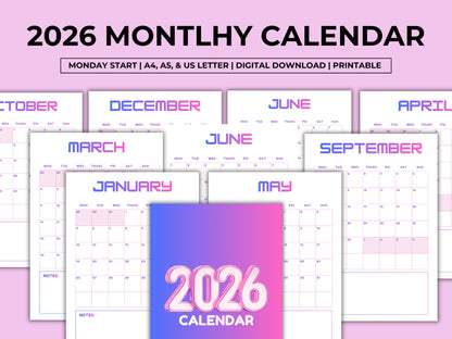 2026 Calendar Planner Printable, Elegant Monthly Calendar 2026, Monday Start Portrait Wall Calendar, Minimalist Monthly Calendar Planner