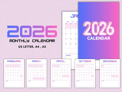 2026 Calendar Planner Printable, Elegant Monthly Calendar 2026, Monday Start Portrait Wall Calendar, Minimalist Monthly Calendar Planner