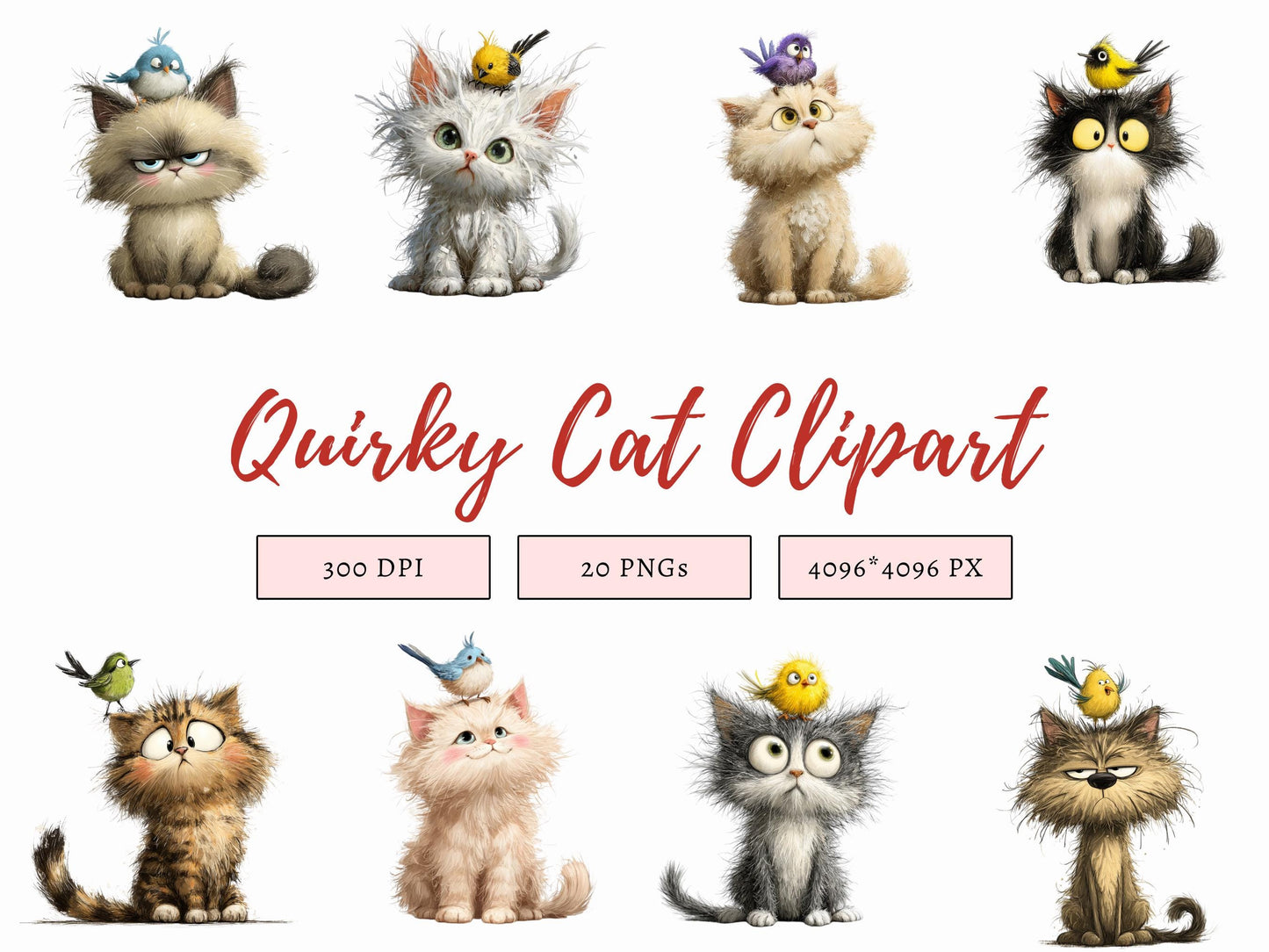 Clipart-Bundle mit skurrilen Katzen, 20 Aquarell-PNG-Katzen, ideal für Kartenbasteln, Junk Journaling, Scrapbooking und digitale Kunst, sofortiger Download