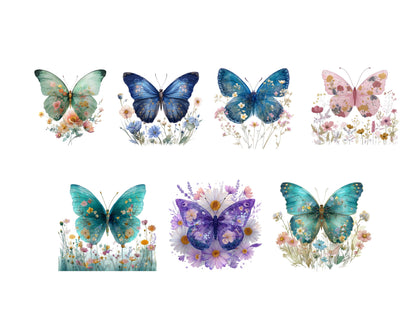 25 Schmetterlinge in Blumen Clipart-Set, Wildblumen-Schmetterlinge Clipart, druckbare Aquarell-Schmetterlinge, hochauflösende PNGs, Papierbastelvorlage