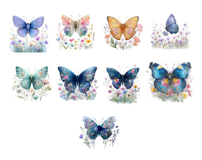 25 Schmetterlinge in Blumen Clipart-Set, Wildblumen-Schmetterlinge Clipart, druckbare Aquarell-Schmetterlinge, hochauflösende PNGs, Papierbastelvorlage