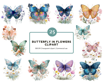 25 Schmetterlinge in Blumen Clipart-Set, Wildblumen-Schmetterlinge Clipart, druckbare Aquarell-Schmetterlinge, hochauflösende PNGs, Papierbastelvorlage