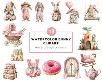 Watercolor Easter Bunny Clipart Bundle, Cute Easter Rabbits PNG, Pink Bunnies Clipart, Baby Shower, Nursery Decor, Whimsical Easter Clipart