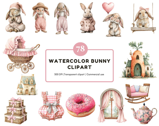Watercolor Easter Bunny Clipart Bundle, Cute Easter Rabbits PNG, Pink Bunnies Clipart, Baby Shower, Nursery Decor, Whimsical Easter Clipart