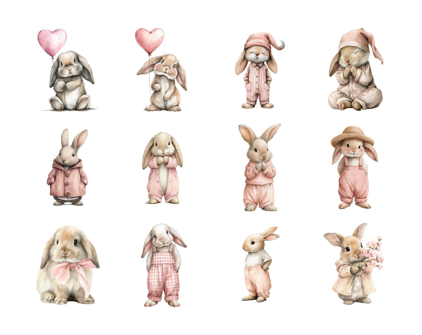 Watercolor Easter Bunny Clipart Bundle, Cute Easter Rabbits PNG, Pink Bunnies Clipart, Baby Shower, Nursery Decor, Whimsical Easter Clipart